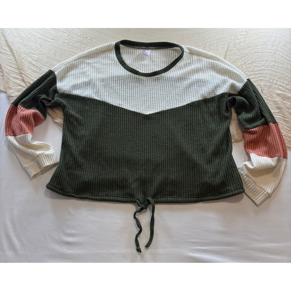 Waffle Knit Womens Color block Long Sleeve Peasant Boho Sweater Size XXL